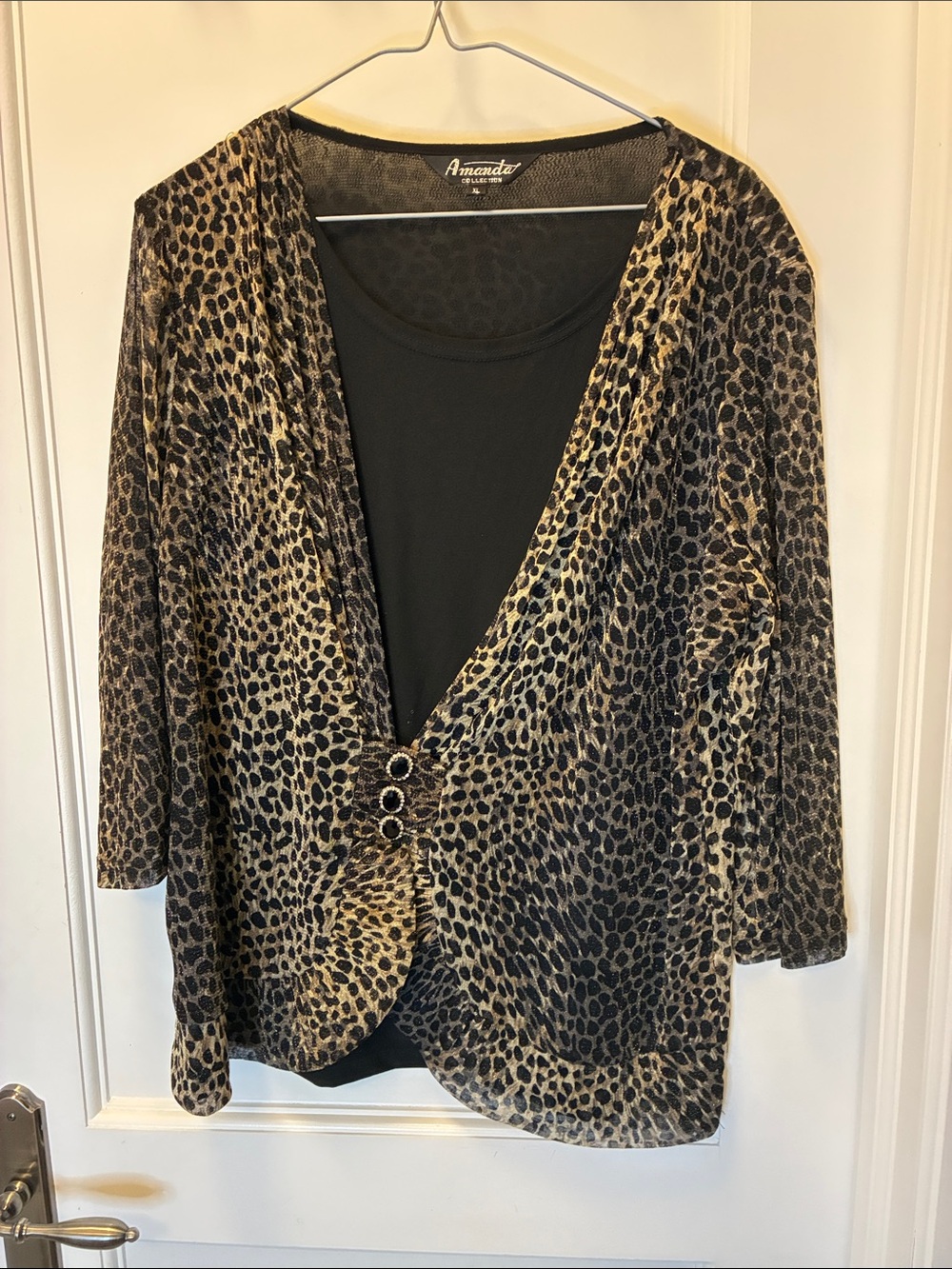 Amanda Women's Leopard Print Attached Cardigan and Tank - Sparkly Black & Tan⭐️